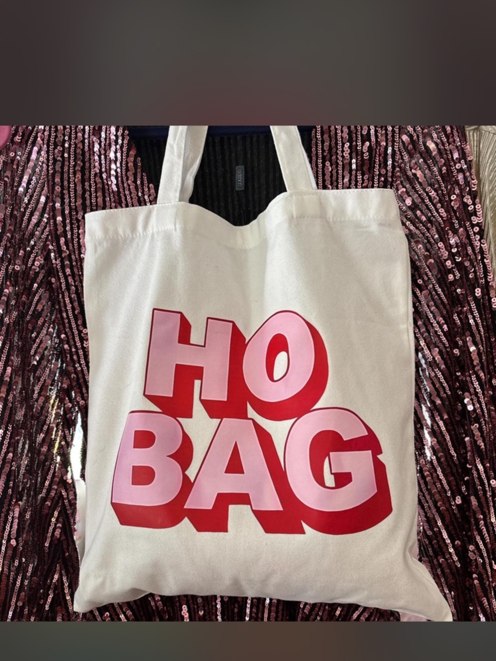 Tongue in Cheek Canvas Tote with Pink and Red 'HO BAG' Graphic